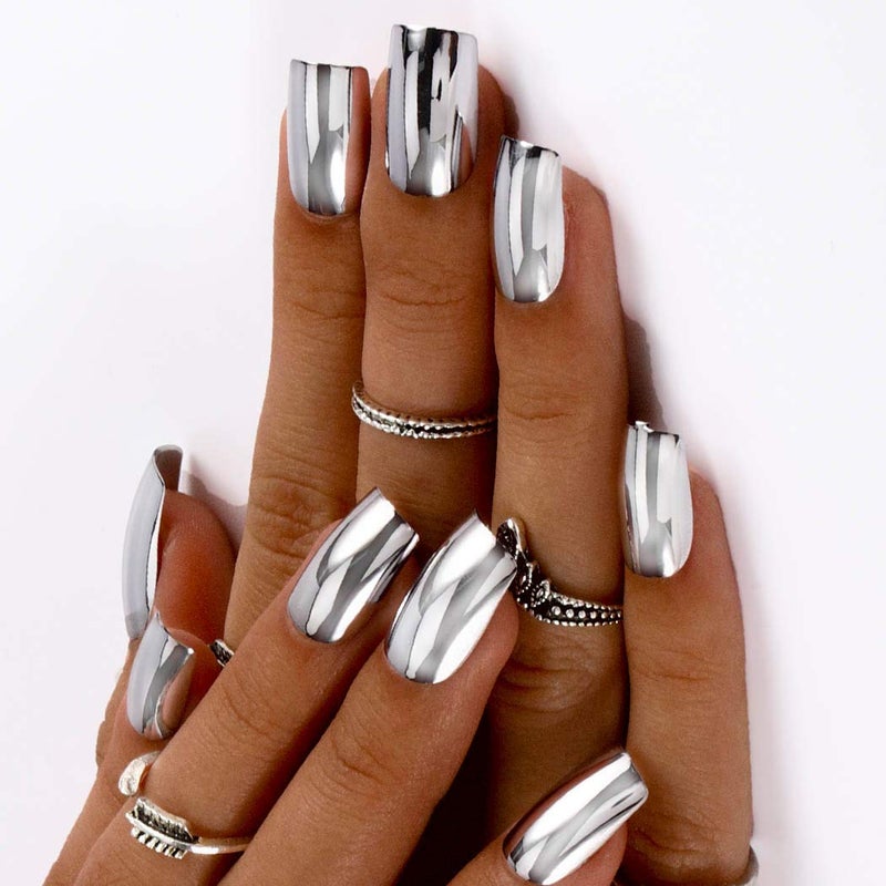 Outyua Mirror Fake Nails Square Silver Long Glossy Arylic Press on Nails Full Cover False Nail Art for Women and Girls 24pcs Silver