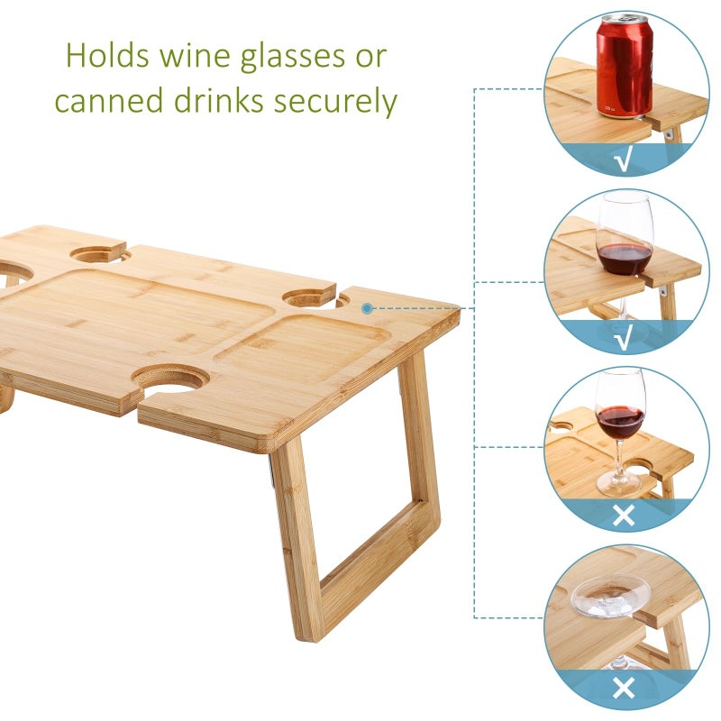 Peohud Portable Wine Picnic Table, Foldable Champagne Picnic Snack Table Tray, Wooden Outdoor Picnic Table with Glass Holder for Park, Beach, Camping, Bed, Wine Lover Gift - Image 3
