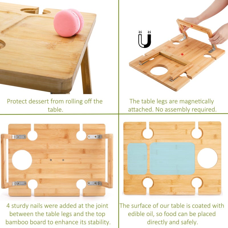 Peohud Portable Wine Picnic Table, Foldable Champagne Picnic Snack Table Tray, Wooden Outdoor Picnic Table with Glass Holder for Park, Beach, Camping, Bed, Wine Lover Gift - Image 4