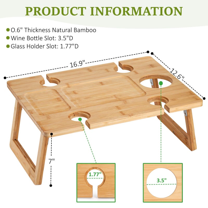Peohud Portable Wine Picnic Table, Foldable Champagne Picnic Snack Table Tray, Wooden Outdoor Picnic Table with Glass Holder for Park, Beach, Camping, Bed, Wine Lover Gift - Image 2