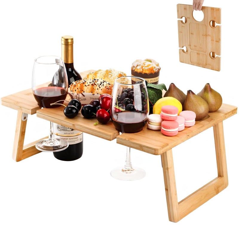 Peohud Portable Wine Picnic Table, Foldable Champagne Picnic Snack Table Tray, Wooden Outdoor Picnic Table with Glass Holder for Park, Beach, Camping, Bed, Wine Lover Gift - Image 1