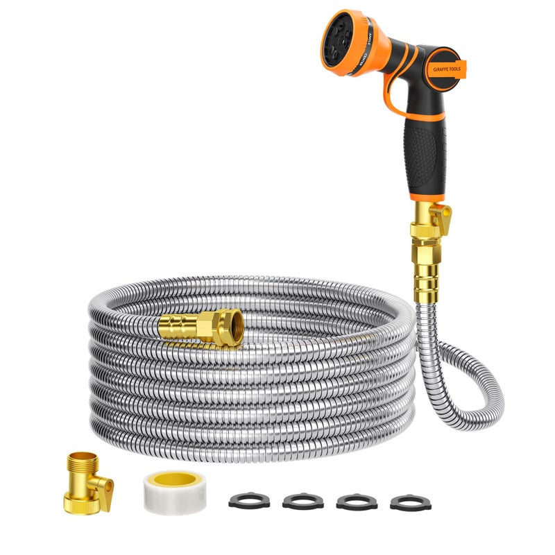 Giraffe Tools Garden Hose 50ft x 5/8", 304 Stainless Steel Metal Water Hose, No Kink Garden Water Hose with 9 Pattern Spray Nozzle, Flexible, Lightweight, Kink Free Hose for Yard, Outdoor - Image 1