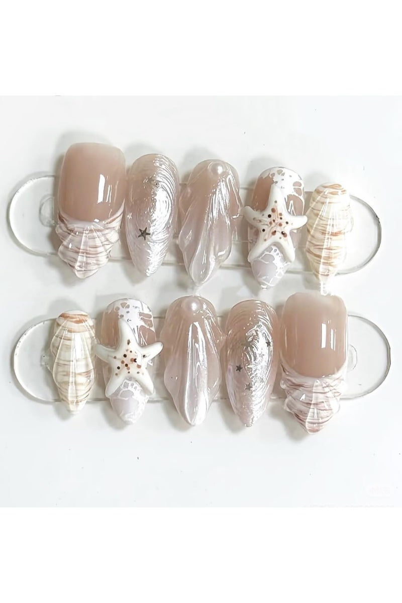 30 قطعة الصيف الشاطئ الصحافة على الأظافر الأظافر اللوز المتوسطة نصيحة فرنسية أظافر مزيفة مع تصميمات قشرة اللؤلؤة ثلاثية الأبعاد عصا على الأظافر نجوم البحر لطيفة أظافر زائفة أظافر أكريليك المحيط الغراء الفرنسي على الأظافر للنساء - Image 1