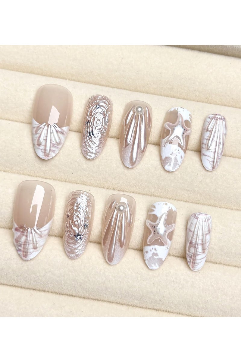 30 قطعة الصيف الشاطئ الصحافة على الأظافر الأظافر اللوز المتوسطة نصيحة فرنسية أظافر مزيفة مع تصميمات قشرة اللؤلؤة ثلاثية الأبعاد عصا على الأظافر نجوم البحر لطيفة أظافر زائفة أظافر أكريليك المحيط الغراء الفرنسي على الأظافر للنساء - Image 2