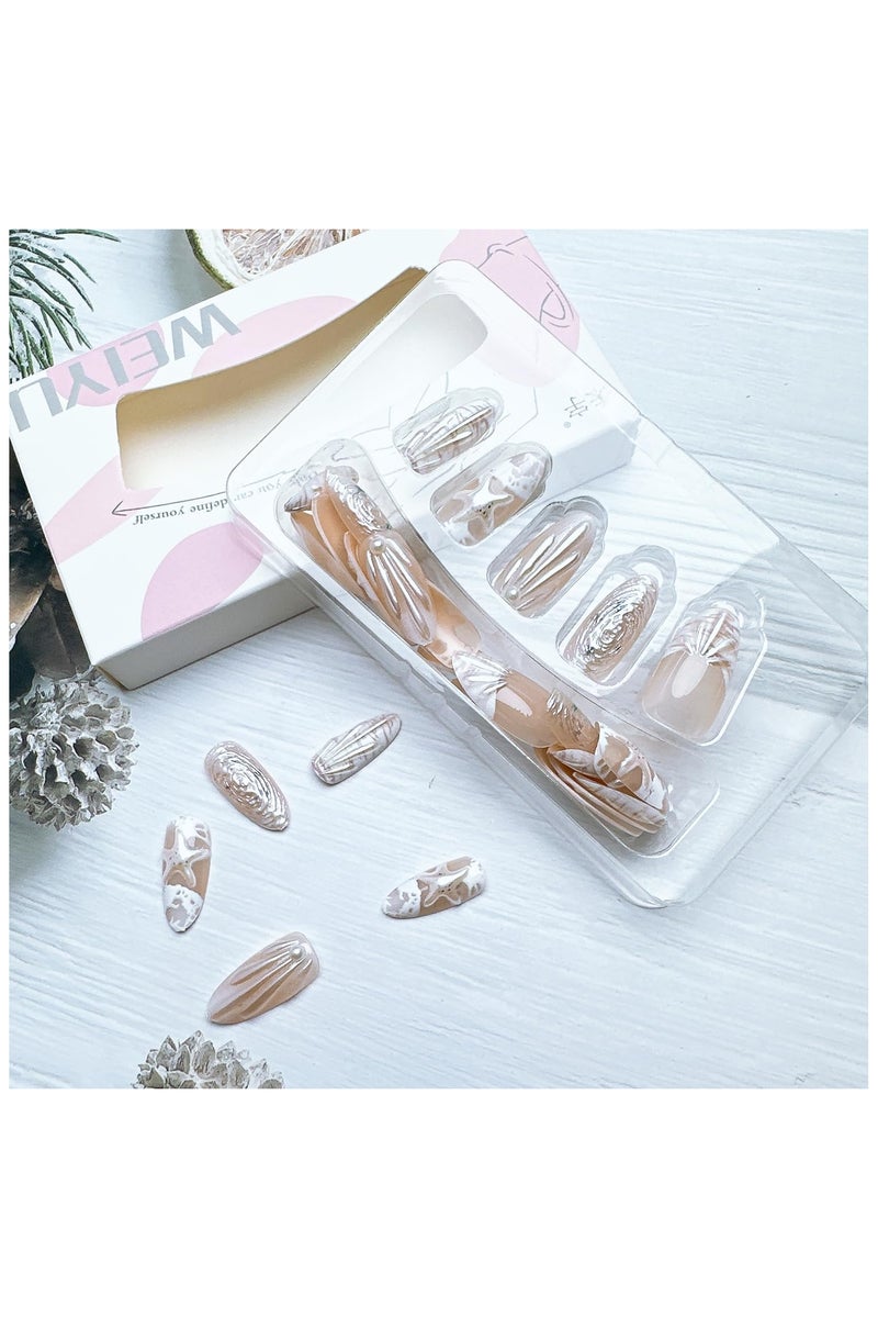 30 قطعة الصيف الشاطئ الصحافة على الأظافر الأظافر اللوز المتوسطة نصيحة فرنسية أظافر مزيفة مع تصميمات قشرة اللؤلؤة ثلاثية الأبعاد عصا على الأظافر نجوم البحر لطيفة أظافر زائفة أظافر أكريليك المحيط الغراء الفرنسي على الأظافر للنساء - Image 5