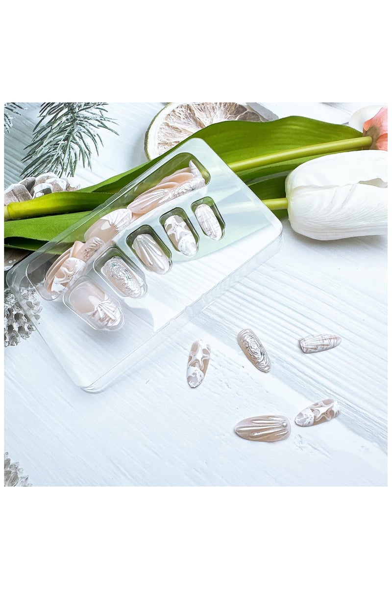 30 قطعة الصيف الشاطئ الصحافة على الأظافر الأظافر اللوز المتوسطة نصيحة فرنسية أظافر مزيفة مع تصميمات قشرة اللؤلؤة ثلاثية الأبعاد عصا على الأظافر نجوم البحر لطيفة أظافر زائفة أظافر أكريليك المحيط الغراء الفرنسي على الأظافر للنساء - Image 3