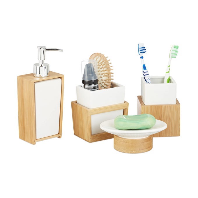 BATH KIT 4PIECE BATHROOM ACCESSORIES SET BAMBOO AND CERAMICS SOAP DISPENSER AND TUMBLER NATURALWHITE