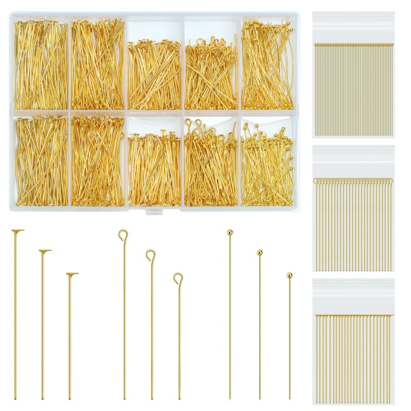 SONGIN 1085pcs Eye Pins and Flat Head Pins for Jewelry Making, Metal Eyepins, Headpins & Ball Head Pins for DIY Earrings, Necklaces, Bracelets, Pendants Jewelry Supplies, Gold & Silver - Image 1