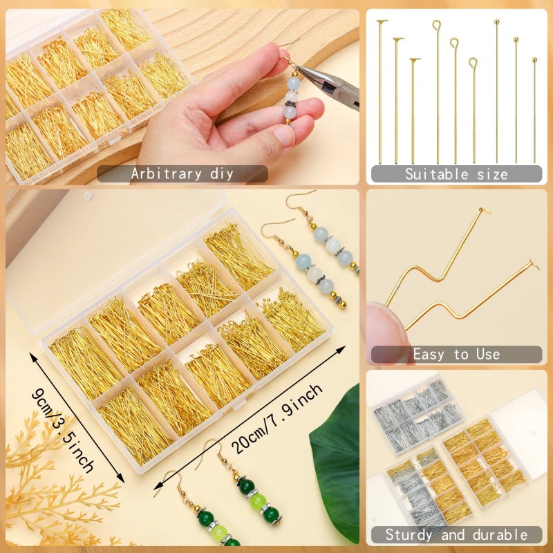 SONGIN 1085pcs Eye Pins and Flat Head Pins for Jewelry Making, Metal Eyepins, Headpins & Ball Head Pins for DIY Earrings, Necklaces, Bracelets, Pendants Jewelry Supplies, Gold & Silver - Image 2