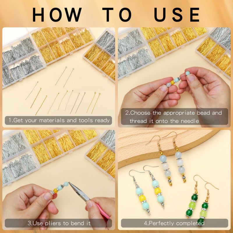 SONGIN 1085pcs Eye Pins and Flat Head Pins for Jewelry Making, Metal Eyepins, Headpins & Ball Head Pins for DIY Earrings, Necklaces, Bracelets, Pendants Jewelry Supplies, Gold & Silver - Image 4