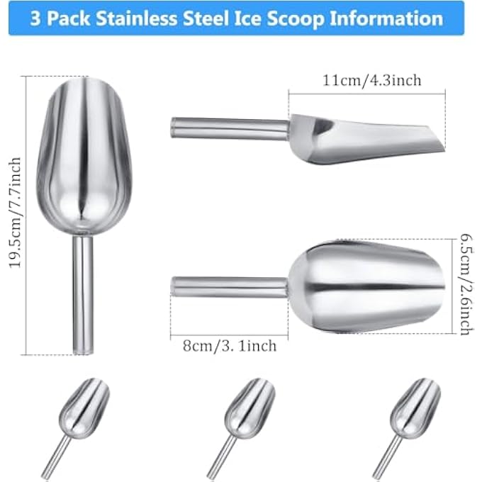 ريحني مجموعة مغرفة الثلج 3 قطع من الفولاذ المقاوم للصدأ من الفولاذ المقاوم للصدأ أداة مغرفة الطعام لحلوى مكعب ثلج طعام جاف دقيق فشار 8910 بوصة - Image 4
