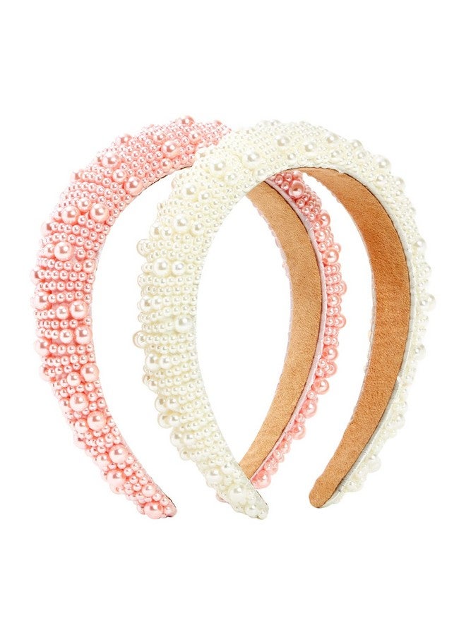 جلامليلي عبوتان من عصابات الرأس الكريستالية للنساء عصابة رأس مبطنة باللؤلؤ (وردي فاتح وأبيض) - Image 1