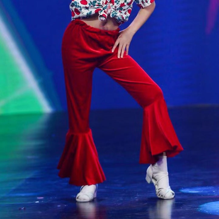 Childrens Retro Hong Kong-style Horn Pants Show Dress Girls 8090 s Nostalgia Theme Broken Love Front Alliance Individual velvet bell bottoms 