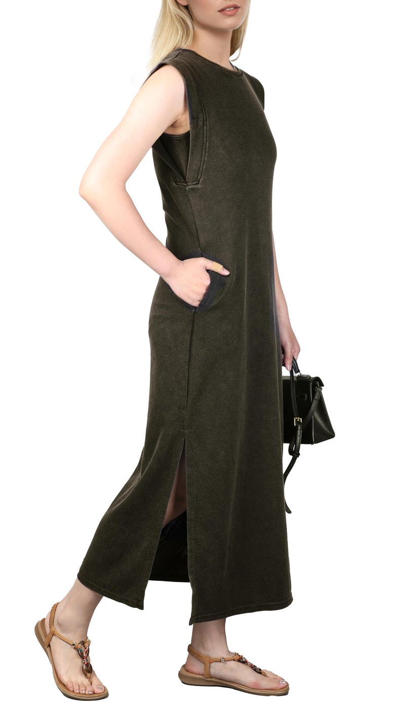 GRECERELLE Women Summer Vintage Casual Crew Neck Cap Sleeve Split Maxi Dress with Pockets (Washed Black, Large) - Image 5