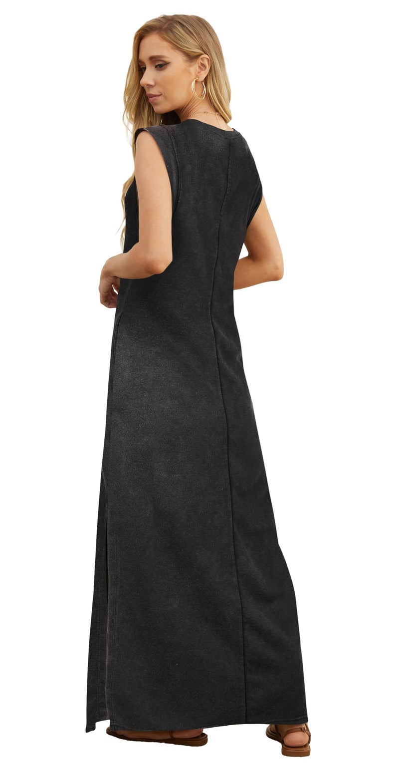 GRECERELLE Women Summer Vintage Casual Crew Neck Cap Sleeve Split Maxi Dress with Pockets (Washed Black, Large) - Image 4