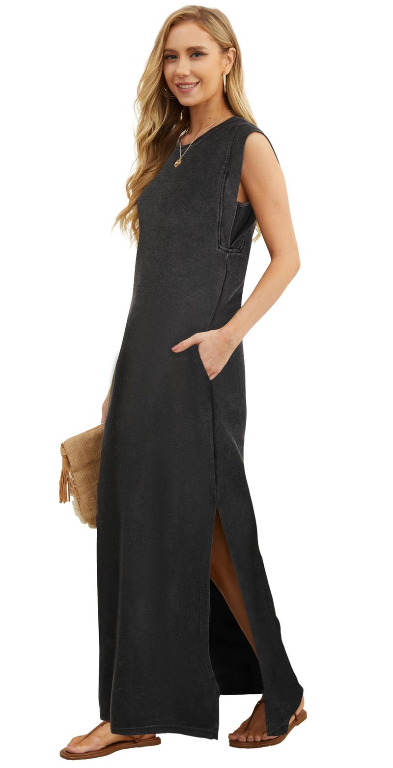 GRECERELLE Women Summer Vintage Casual Crew Neck Cap Sleeve Split Maxi Dress with Pockets (Washed Black, Large) - Image 2