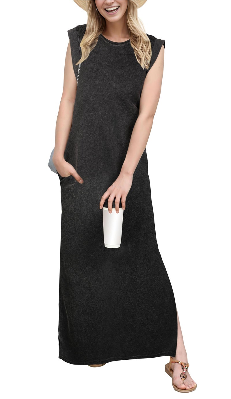 GRECERELLE Women Summer Vintage Casual Crew Neck Cap Sleeve Split Maxi Dress with Pockets (Washed Black, Large) - Image 1