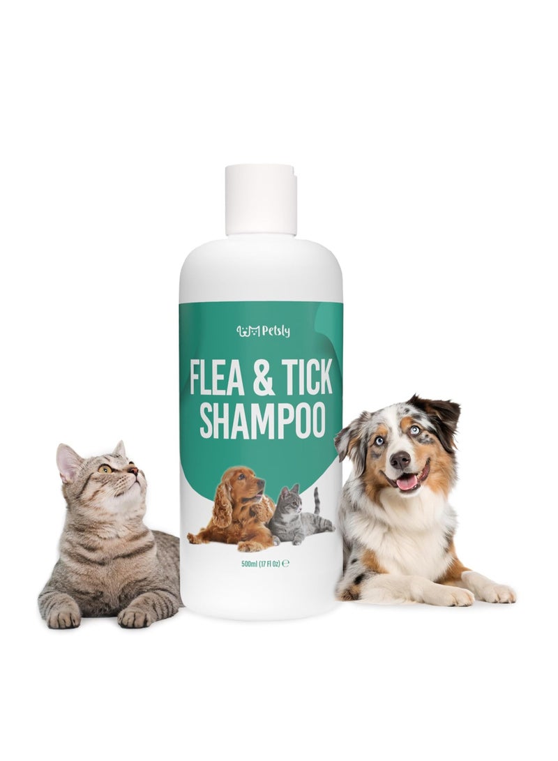 Petsly Flea and Tick Cat and Dog Shampoo by Petsly 500ml Fast Acting pH balanced and Natural Cat and Dog Flea Shampoo Kills Fleas and Eggs Anti Itch Highly Effective with Aloe Vera Tea Tree and Eucalyptus Oils - Image 1