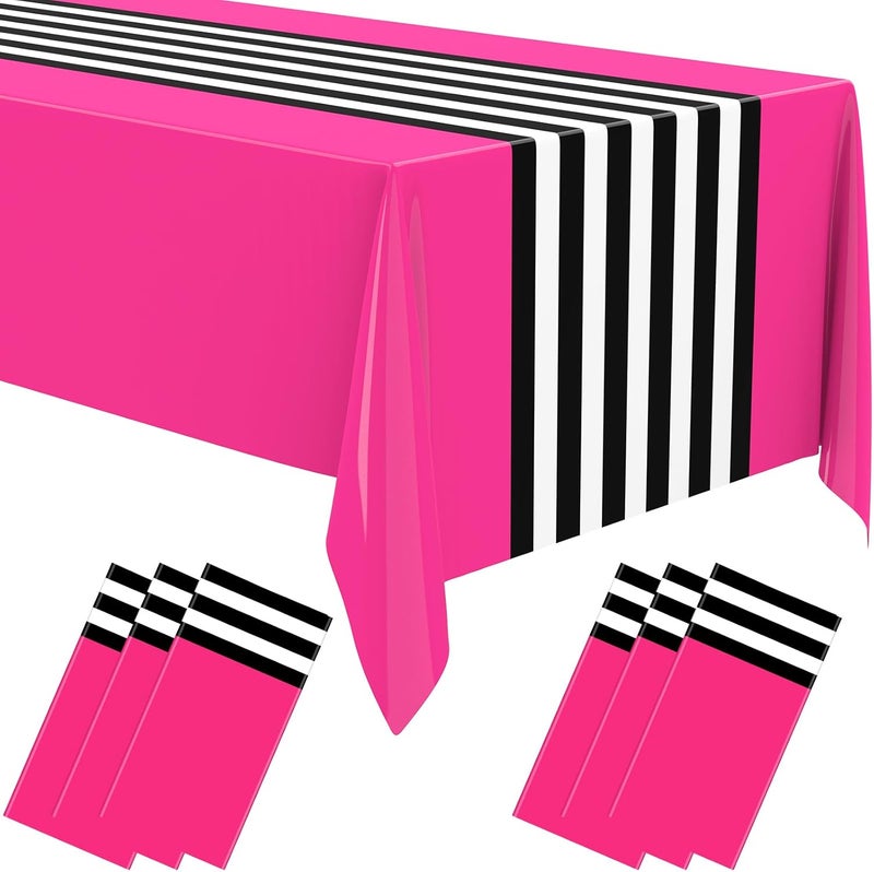 Oudain 6 Pcs Striped Tablecloth 108 x 54 Inch Disposable Plastic Table Cloth Waterproof Tablecloth Rectangle Table Cover for Birthday Wedding Bridal Party Supplies (Black White Rose Red) - Image 1