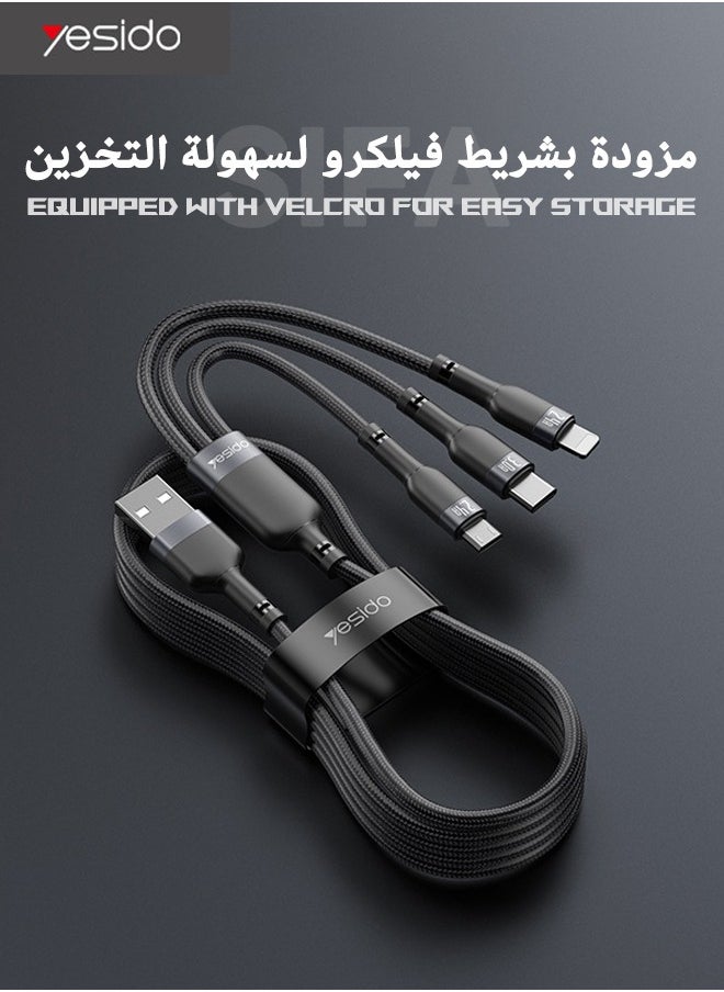 Yesido - 3 In 1 Fast Charging Data Cable, USB To Lightning/Micro/Type-C Data Cable, Durable Nylon Braided Cord, 3A Fast Charging, Compatible with Apple Android Mobile Phones and More (1.2 Meter, Black) - Image 1