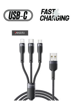 Yesido 3 In 1 Fast Charging Data Cable, USB To Lightning/Micro/Type-C Data Cable, Durable Nylon Braided Cord, 3A Fast Charging, Compatible with Apple Android Mobile Phones and More (1.2 Meter, Black)  - Image 1