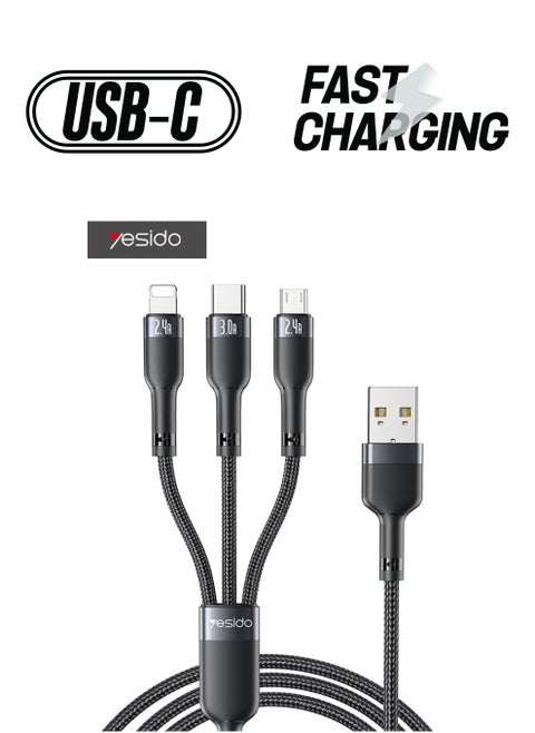 3 In 1 Fast Charging Data Cable, USB To Lightning/Micro/Type-C Data Cable, Durable Nylon Braided Cord, 3A Fast Charging, Compatible with Apple Android Mobile Phones and More (1.2 Meter, Black)