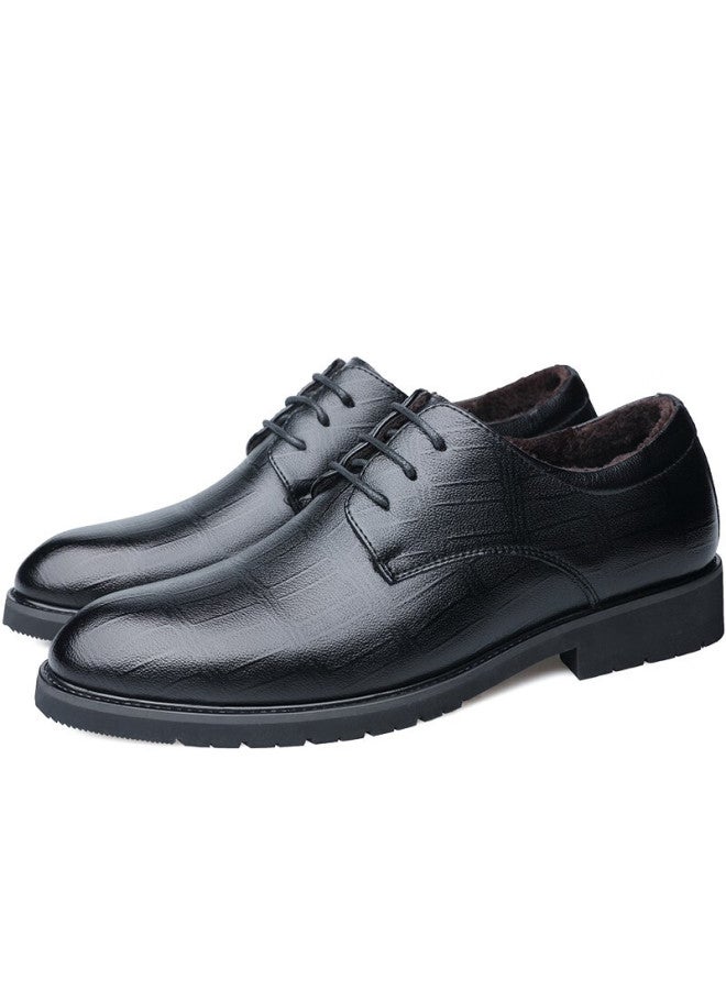 Beioutu Fleece-lined Warm Leather Dress Shoes Fashion Lace-up Business Casual Low-top Cotton Shoes For Men 17818 Black Size 44 - Image 4