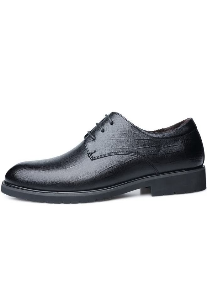 Beioutu Fleece-lined Warm Leather Dress Shoes Fashion Lace-up Business Casual Low-top Cotton Shoes For Men 17818 Black Size 44 - Image 3