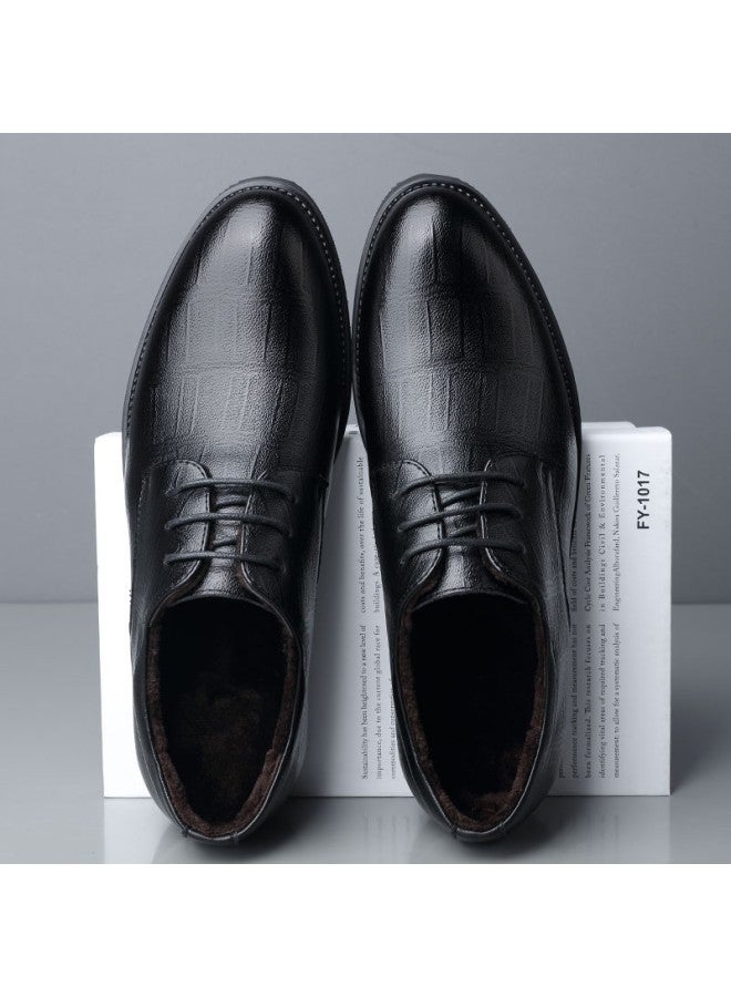 Beioutu Fleece-lined Warm Leather Dress Shoes Fashion Lace-up Business Casual Low-top Cotton Shoes For Men 17818 Black Size 44 - Image 5