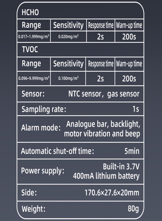 بي سايد جهاز كشف جودة الهواء المنزلي، مستشعر أشباه الموصلات متعدد الوظائف، جهاز اختبار TVOC HCHO، شاشة بإضاءة خلفية، واجهة شحن من النوع C مع غطاء واقٍ من السيليكون - Image 2