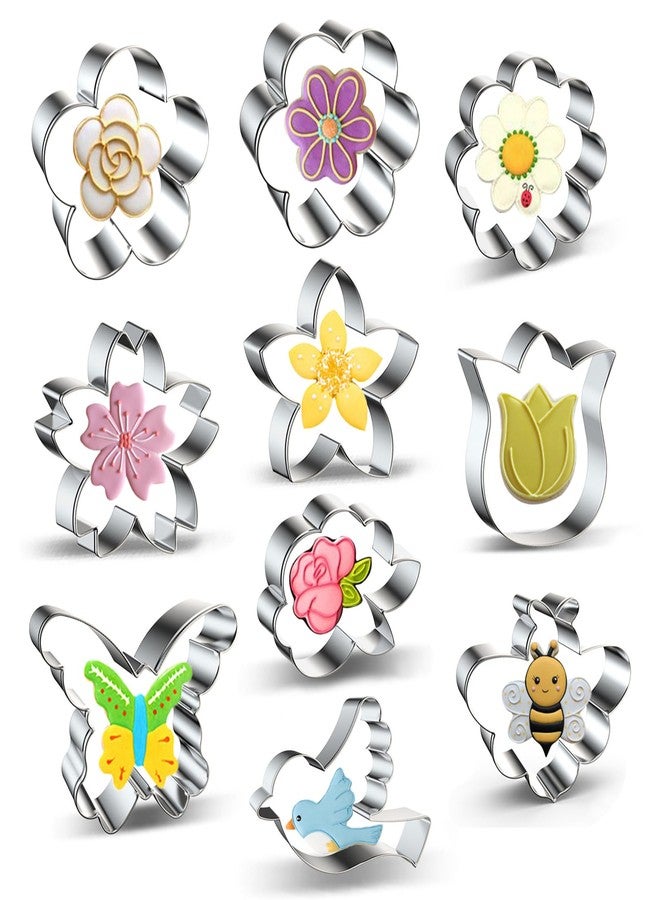 azflyife Summer Flowers Garden Cookie Cutter Set 10-Piece Butterfly, Bird, Bee, Rose, Tulip, Sunflower, Daisy, Plum Cherry Blossoms Flower Shaped Cookie Cutters Biscuit Fondant Molds - Stainless Steel 3 Inch - Image 1