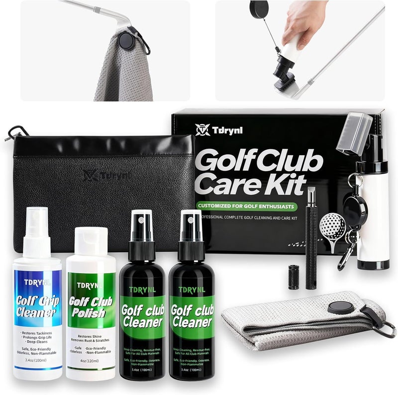 Tdrynl Pro Golf Club Care Kit – Complete 7-Piece Cleaning Set with Cleaner, Polish, Brush, Groove Sharpener, Grip Cleaner, Magnetic Towel & Leather Bag - Image 1