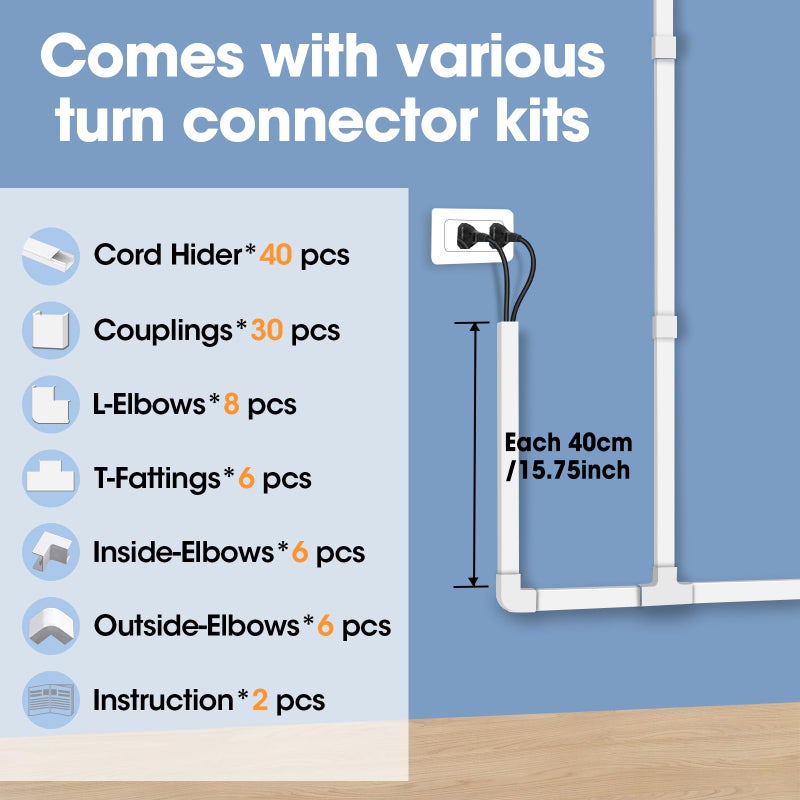 YesBes 630in Cord Hider Kit, Paintable Cable Raceway, Cord Covers for Wires on Wall, Cord Hider for Wall Mount tv, tv Cable Hider Wall kit, Wire Covers for Cords, 40X L15.7in X W0.96in X H0.57in, White - Image 4