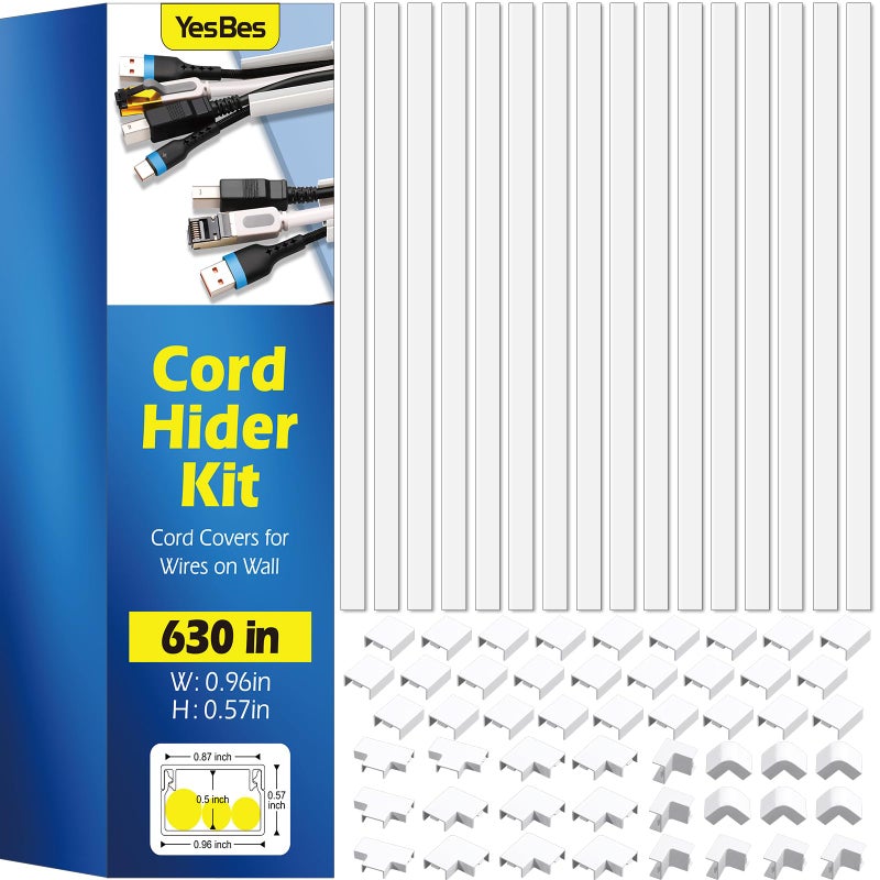 YesBes 630in Cord Hider Kit, Paintable Cable Raceway, Cord Covers for Wires on Wall, Cord Hider for Wall Mount tv, tv Cable Hider Wall kit, Wire Covers for Cords, 40X L15.7in X W0.96in X H0.57in, White - Image 1