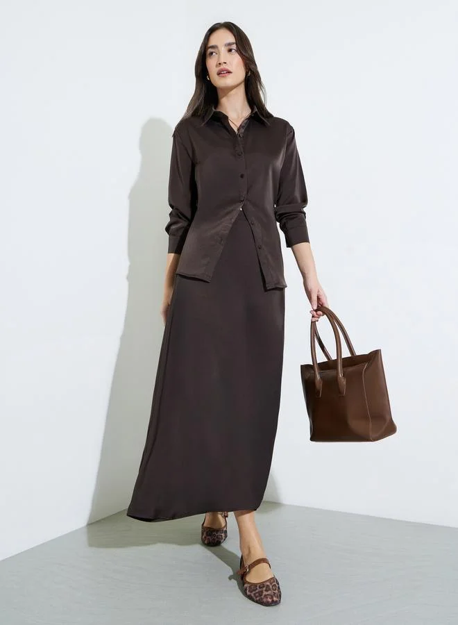 ستايلي Brown Solid Long Lined Oversized Satin Shirt