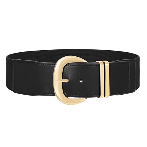 WHIPPY Women Wide Elastic Waist Belt for Dresses Fashion Gold Buckle Stretchy Leather Waistband for Ladies, Black, Fits Waist 28"-33" - Image 2