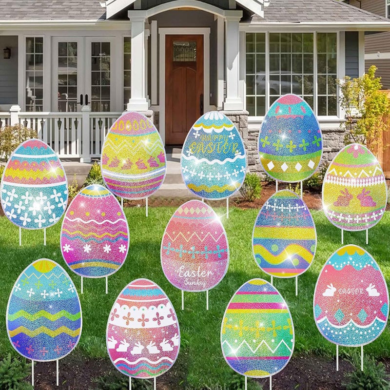 MNKXL 12-Piece Glitter Easter Yard Signs,Extra Large Sparkling Garden Egg Stakes,Waterproof Laser Printed Outdoor Decor for Easter Sidewalk - Image 1