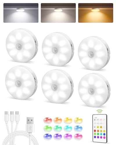 EZVALO 6-Pack Under Cabinet Lighting, Rechargeable Motion Sensor Puck Lights with Remote, 3 Color Temps &12 RGB Colors, Magnetic Stick on Light, Dimmable Under Counter Lights for Kitchen, Shelf, Stair - Image 1