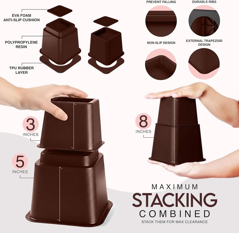 Utopia Bedding Adjustable Bed Furniture Risers - Elevation in Heights 3, 5 or 8 Inch Heavy Duty Risers for Beds - Supports up to 1,300 lbs - (Set of 4 Riser, Reddish Brown) - Image 4