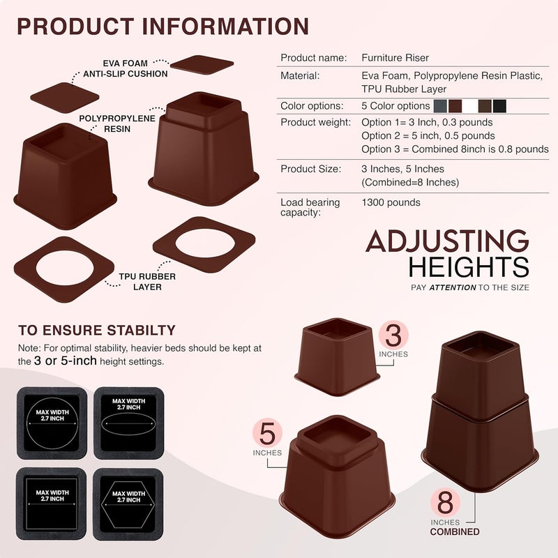 Utopia Bedding Adjustable Bed Furniture Risers - Elevation in Heights 3, 5 or 8 Inch Heavy Duty Risers for Beds - Supports up to 1,300 lbs - (Set of 4 Riser, Reddish Brown) - Image 5