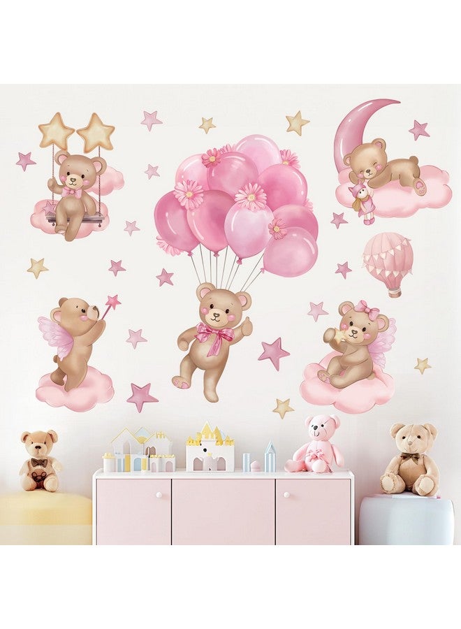 wondever Pink Balloon Bear Wall Stickers Hot Air Balloon Animals Clouds Stars Peel and Stick Wall Art Decals for Baby Nursery Kids Girls Bedroom - Image 3