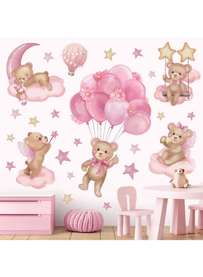 wondever Pink Balloon Bear Wall Stickers Hot Air Balloon Animals Clouds Stars Peel and Stick Wall Art Decals for Baby Nursery Kids Girls Bedroom - Image 1