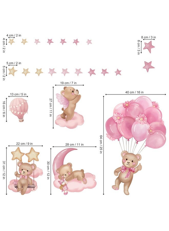wondever Pink Balloon Bear Wall Stickers Hot Air Balloon Animals Clouds Stars Peel and Stick Wall Art Decals for Baby Nursery Kids Girls Bedroom - Image 4
