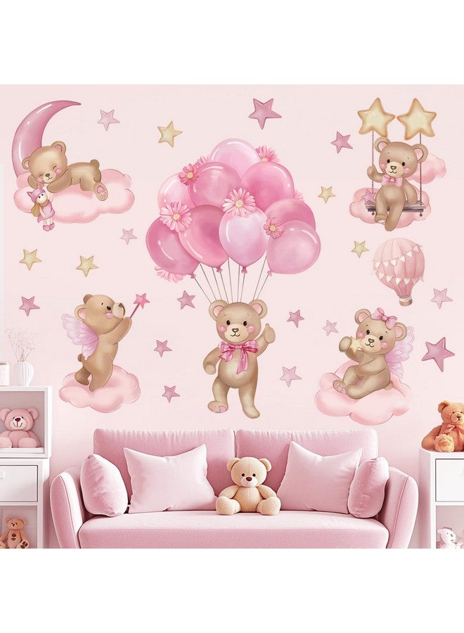 wondever Pink Balloon Bear Wall Stickers Hot Air Balloon Animals Clouds Stars Peel and Stick Wall Art Decals for Baby Nursery Kids Girls Bedroom - Image 2