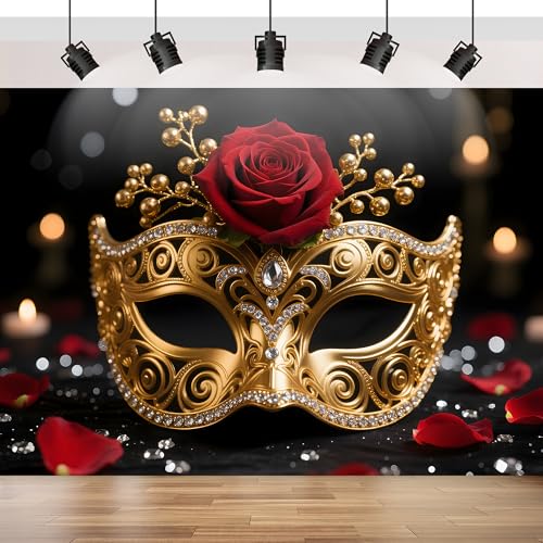 Dormirpilow Venetian Mardi Gras Backdrop 7x5FT, Masquerade Backdrop for Masquerade Party Decorations, Carnival Glitter Peacock Green Mask Photography Backgrounds Studio Prop (Metallic Gold) - Image 1
