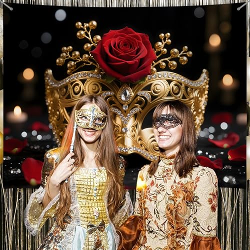 Dormirpilow Venetian Mardi Gras Backdrop 7x5FT, Masquerade Backdrop for Masquerade Party Decorations, Carnival Glitter Peacock Green Mask Photography Backgrounds Studio Prop (Metallic Gold) - Image 3