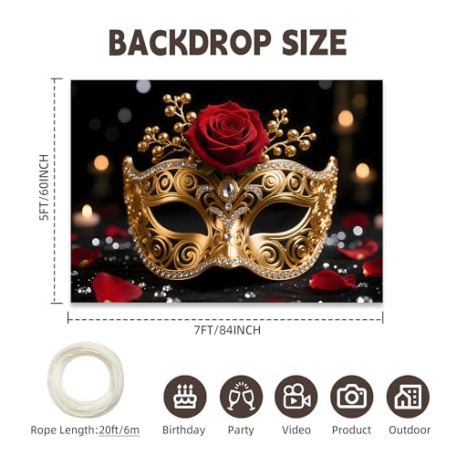 Dormirpilow Venetian Mardi Gras Backdrop 7x5FT, Masquerade Backdrop for Masquerade Party Decorations, Carnival Glitter Peacock Green Mask Photography Backgrounds Studio Prop (Metallic Gold) - Image 2