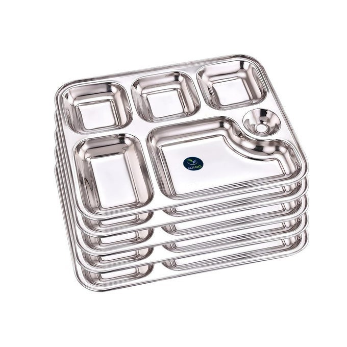 STAINLESS STEEL 6 PARTITION PLATE FOR DINNER LUNCH MESH PLATE COMPARTMENT PLATE THALI SET OF 5
