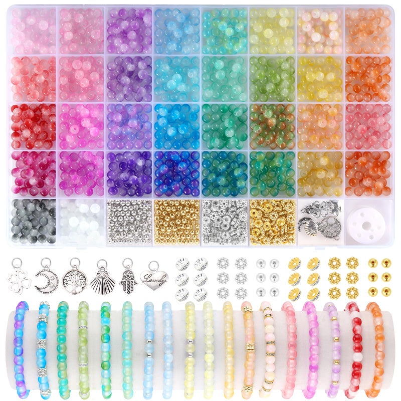 Funtopia 6mm Glass Beads Bracelet Making Kit, 1396pcs Gradient Glass Beads for Bracelets, 34 Colors Round Crystal Beads for Bracelets DIY Crafts with Spacer Beads and Charms - Image 1