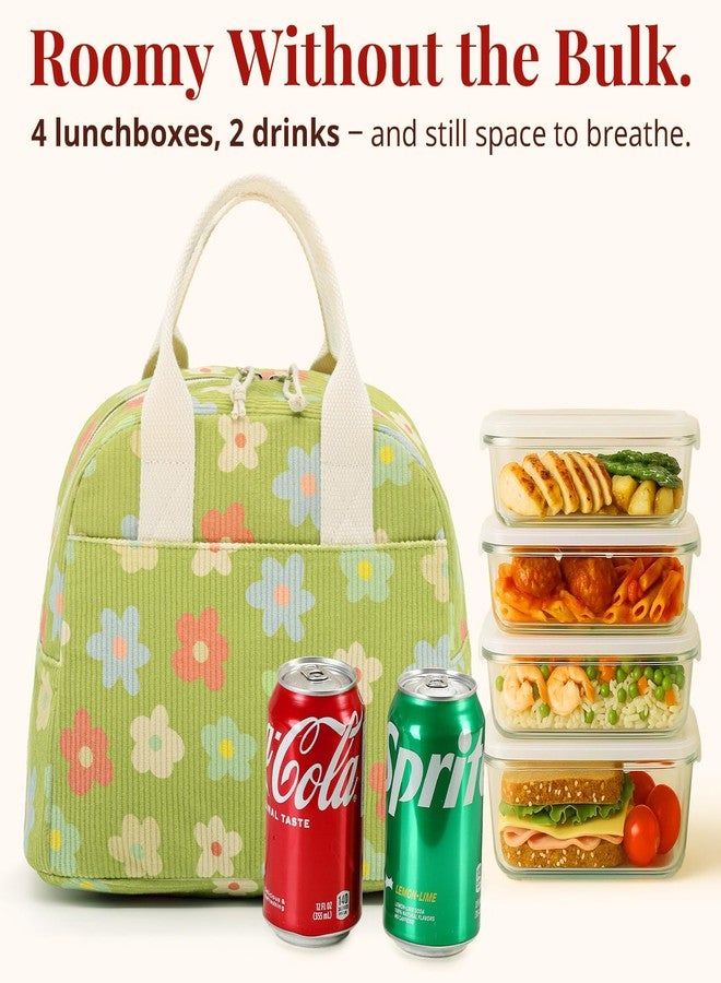 LOVELYWIND Insulated Floral Green Lunch Bag for Women, Corduroy Tote with Aluminum Lining, Large Capacity Reusable Cooler for Work, Travel, Beach or Picnic, Floral Pattern Water-Resistant Lunch Box - Image 2